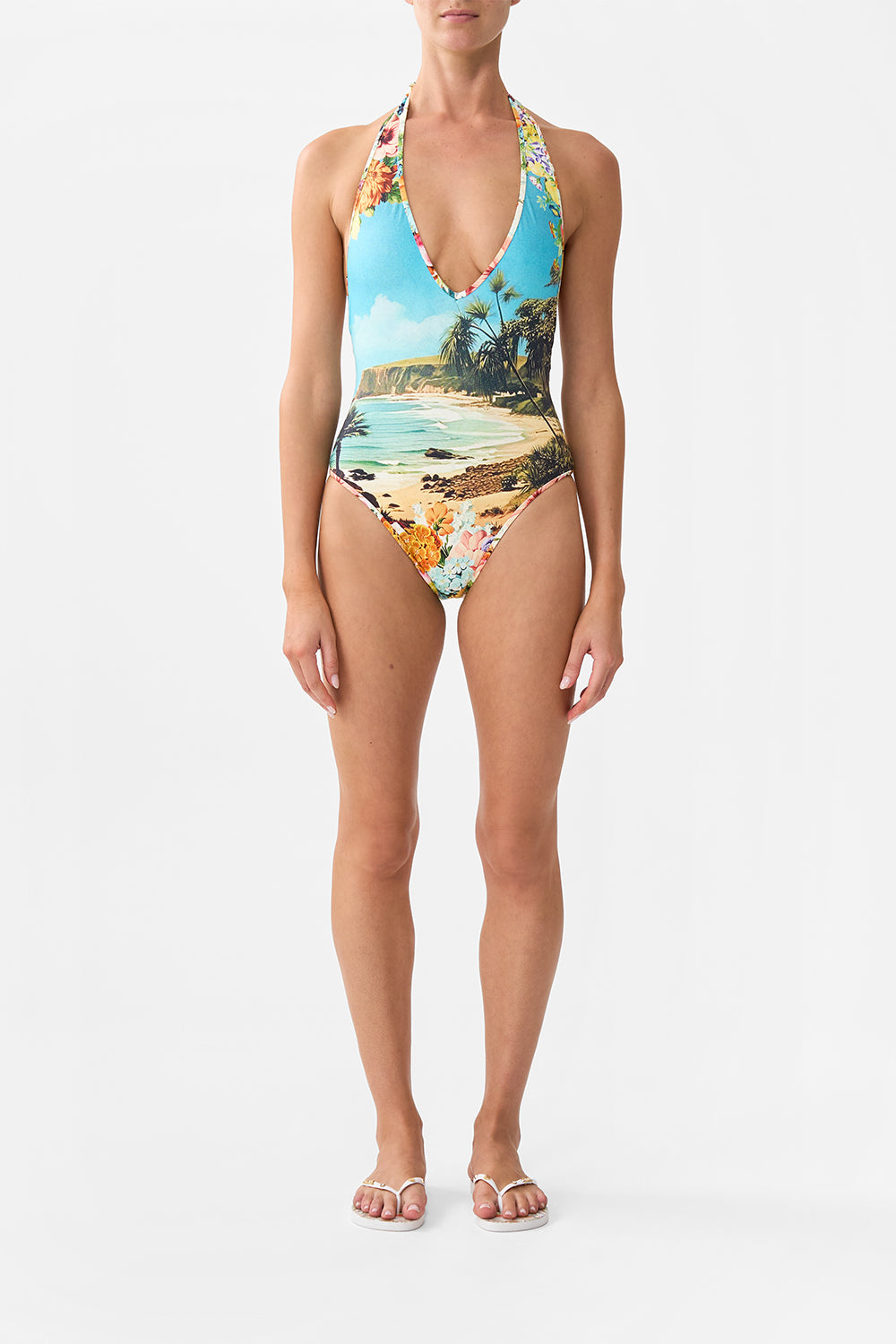 The CAMILLA Reversible Bind Edge V Neck Halter One Piece in our Bathing Bombshell print.