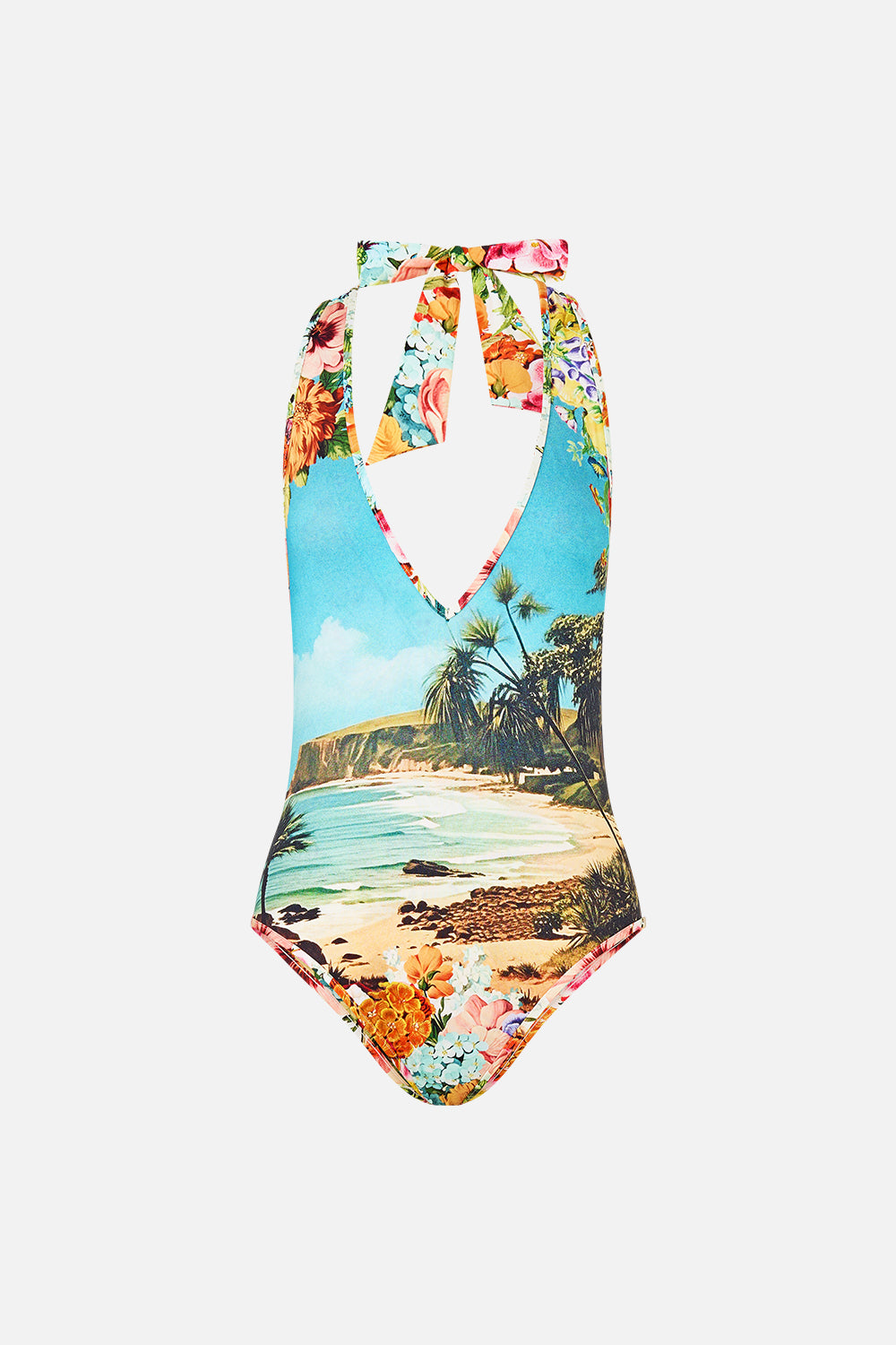 The CAMILLA Reversible Bind Edge V Neck Halter One Piece in our Bathing Bombshell print.