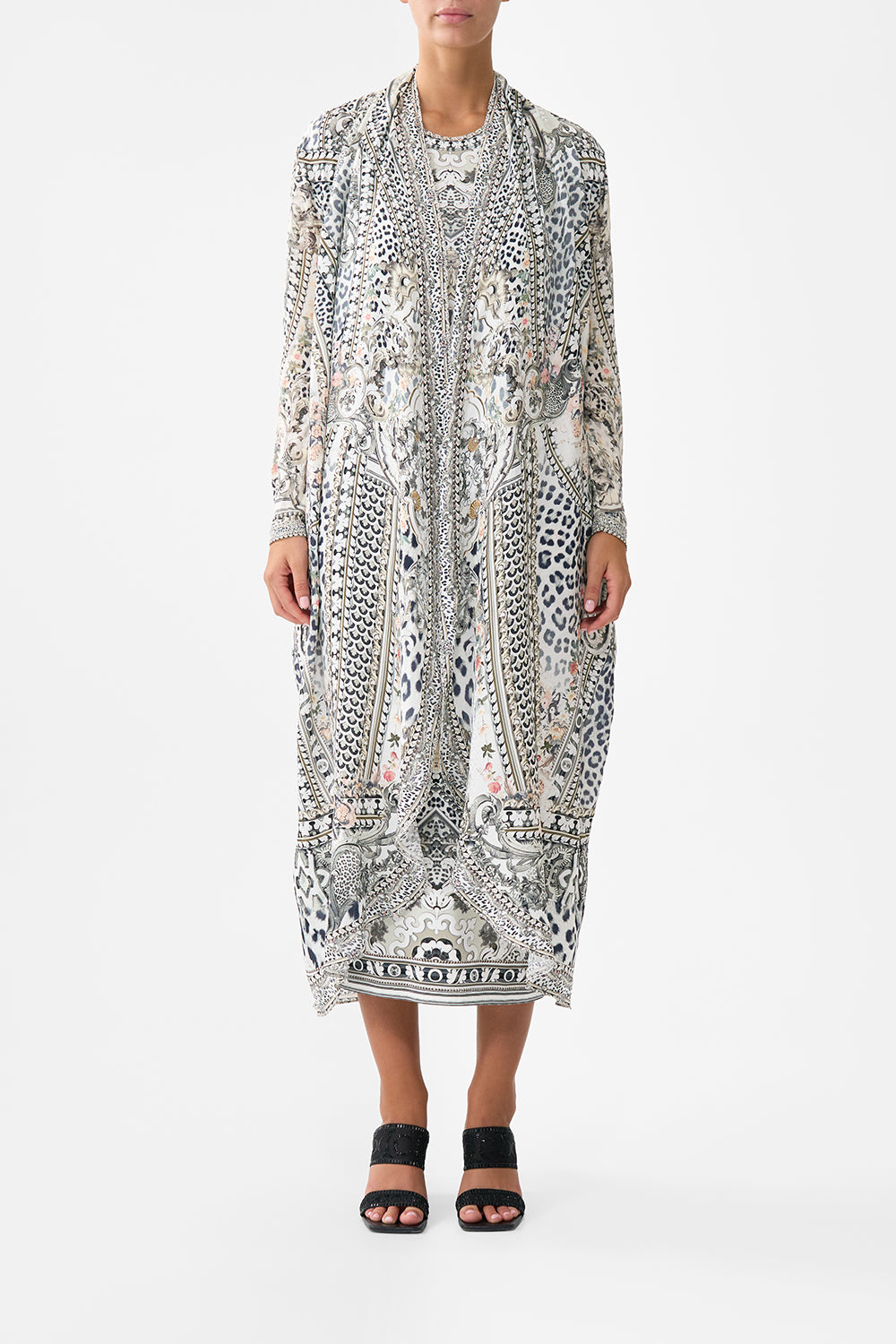 The CAMILLA Long Casual Jacket With Pockets in our Marble Heaven print.