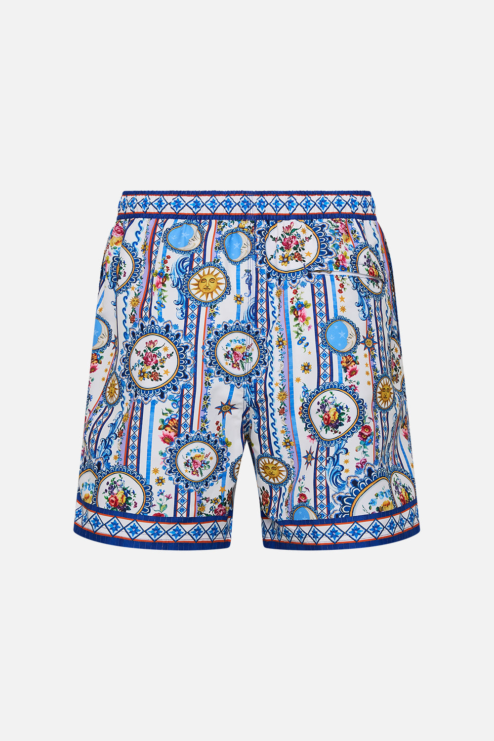 The CAMILLA Mid Length Boardshort With Elastic Waist in our Tiles Darls print.