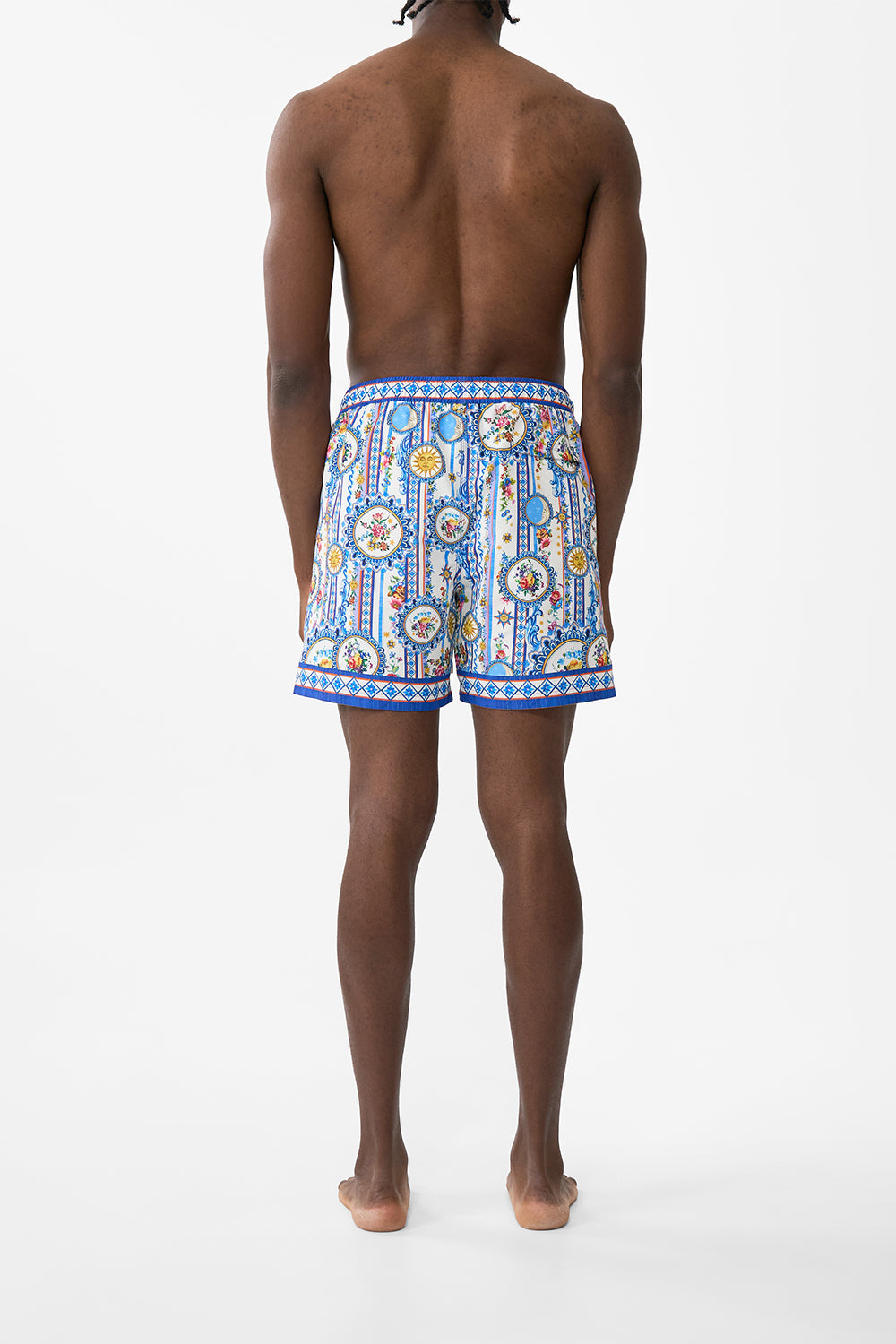 The CAMILLA Mid Length Boardshort With Elastic Waist in our Tiles Darls print.