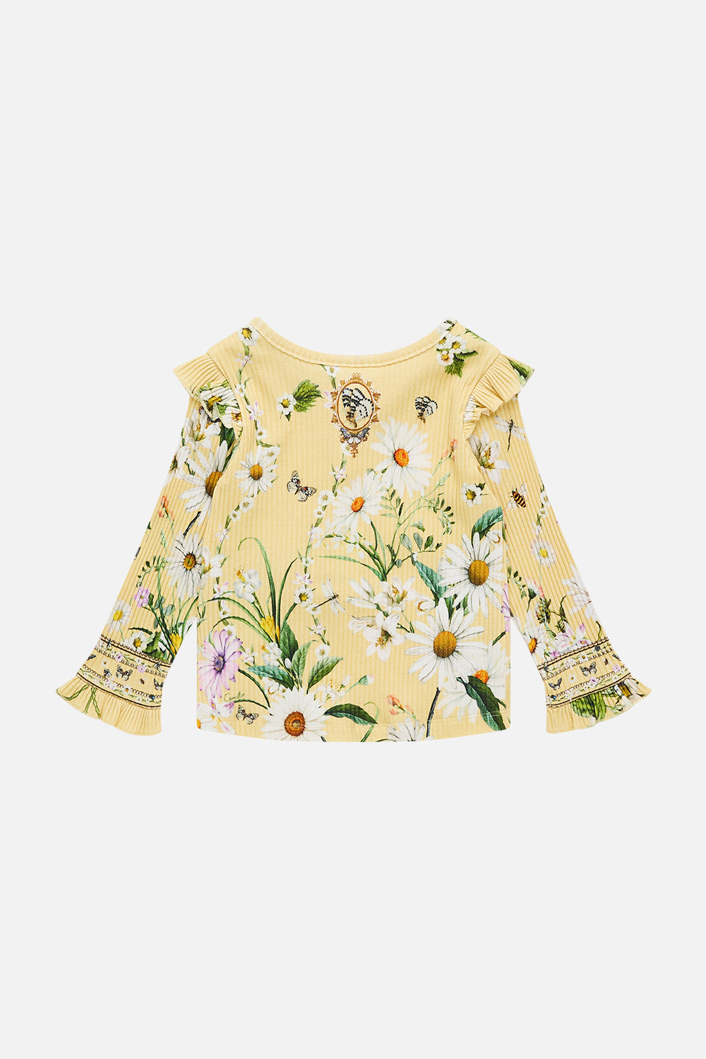 The CAMILLA Babies Long Sleeve Rib Henley W Frill Detail in our Daisy Chains print.