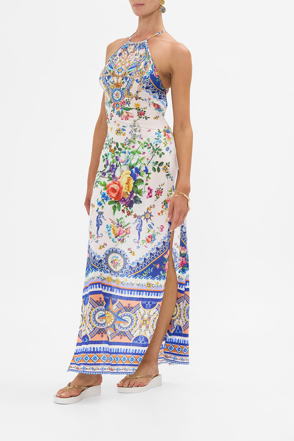 The CAMILLA High Neck Maxi Dress With Tie Back in our Tiles Darls print.