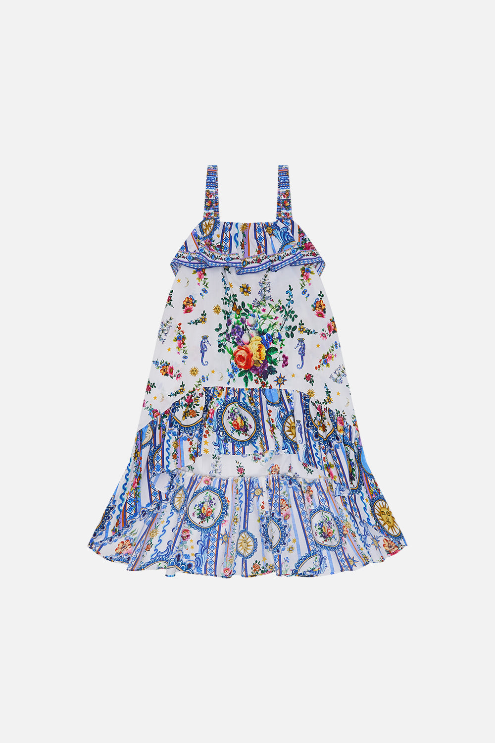 The CAMILLA Kids Wide Strap High Low Dress W Frill 12-14 in our Tiles Darls print.