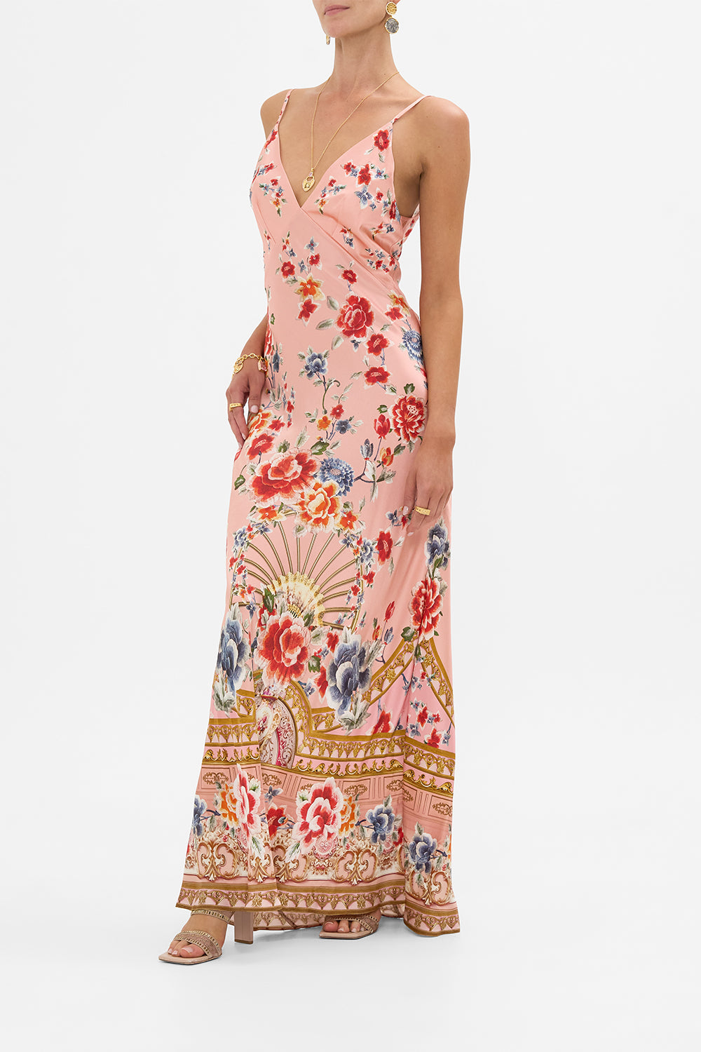 The CAMILLA V Neck Full Length Bias Slip Dress in our Majestic Milla print.