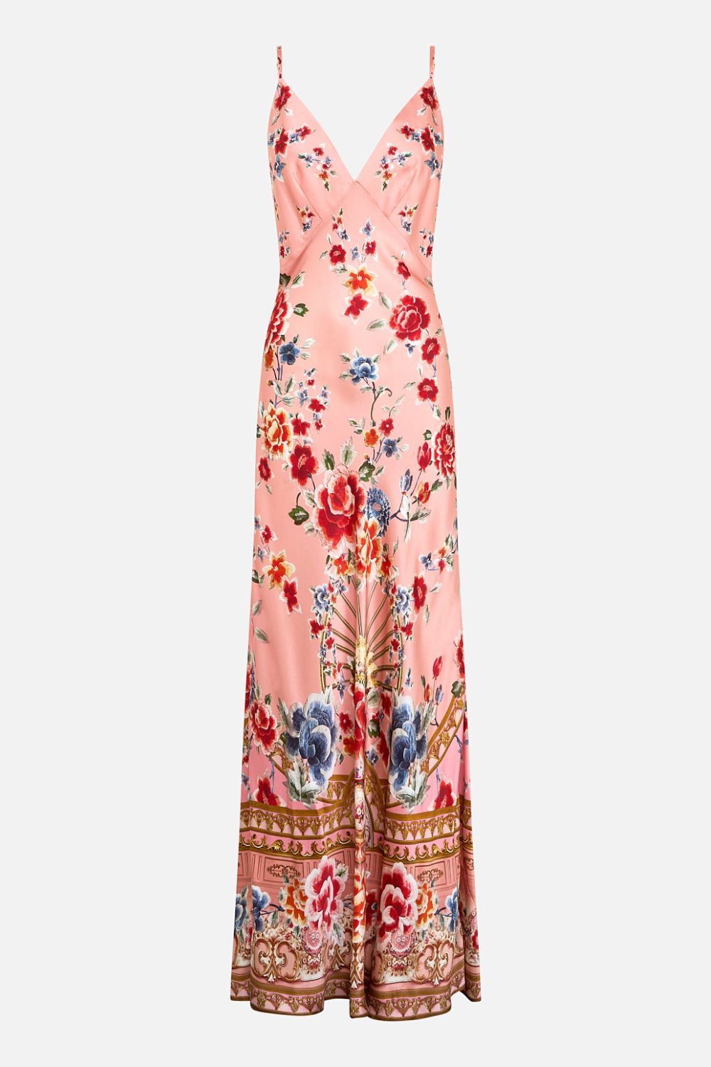 The CAMILLA V Neck Full Length Bias Slip Dress in our Majestic Milla print.