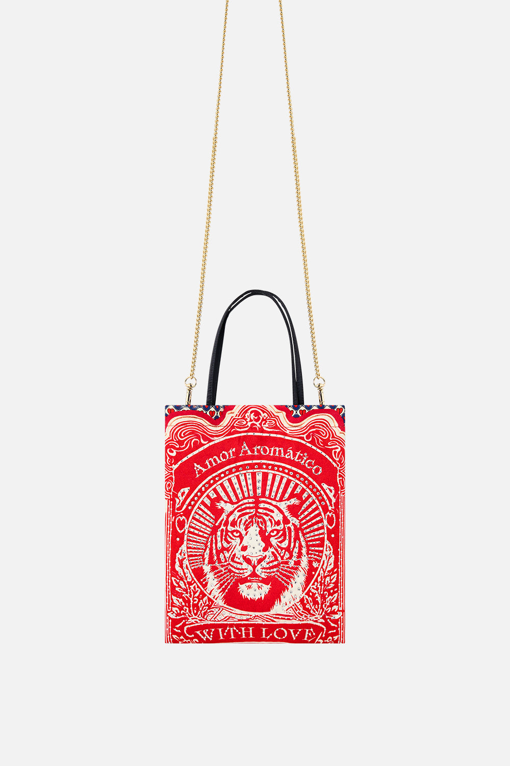 The CAMILLA Embellished Mini Tote With Chain Strap in our Rinse & Roar print.