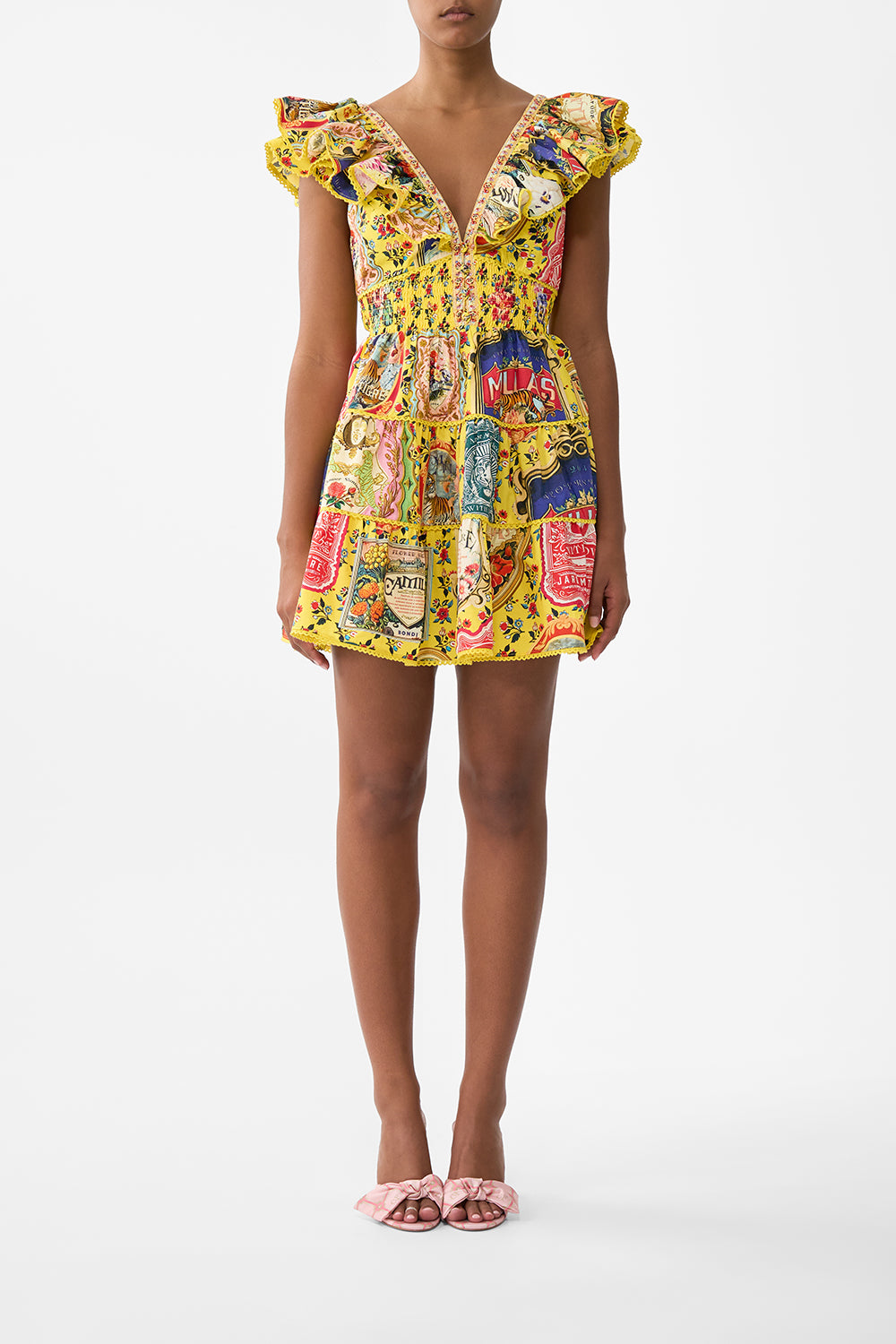 The CAMILLA Tiered Short Dress With Neck Frill in our Soap Opera print.