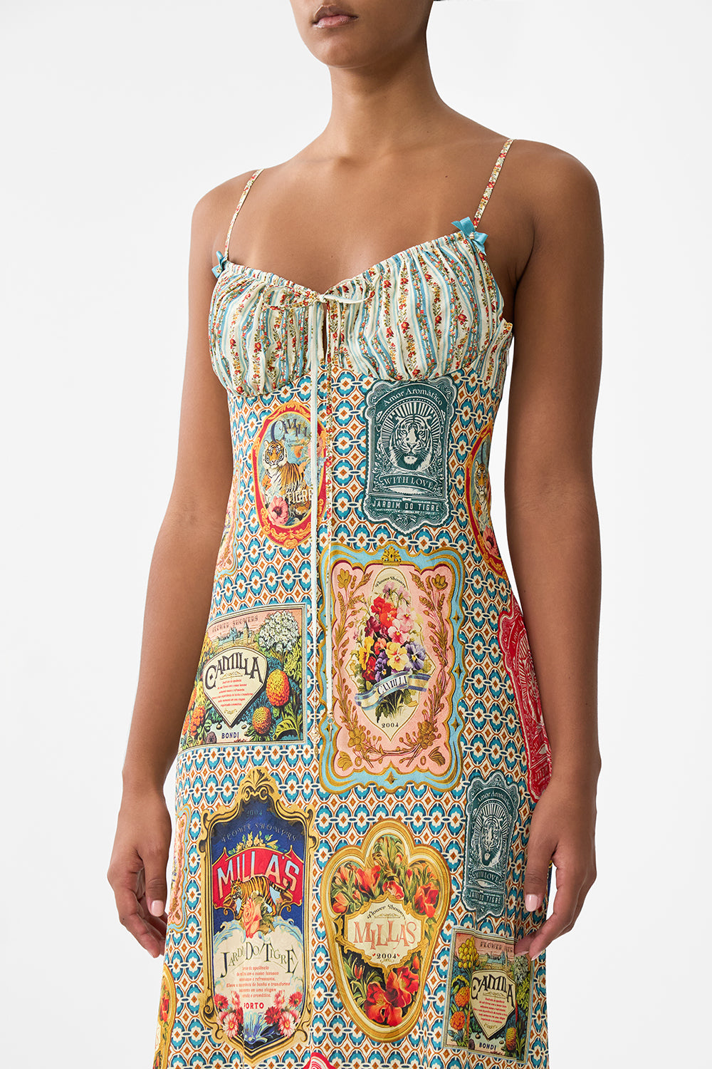 The CAMILLA Gathered Bodice Bias Dress in our Soap Opera print.