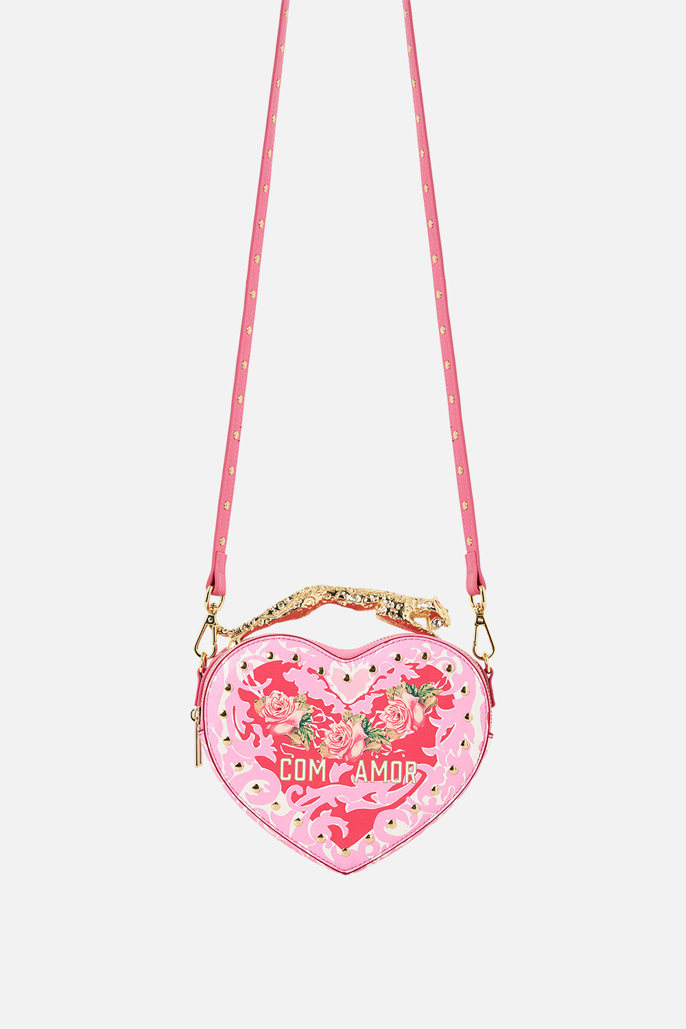 The CAMILLA Heart Crossbody With Leopard Handle in our Pink Porto print.