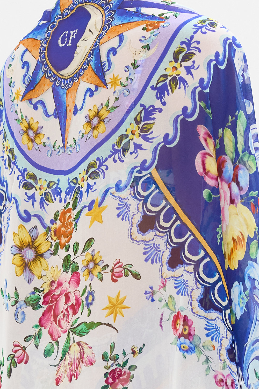 The CAMILLA Silk Chiffon Shrug in our Tiles Darls print.