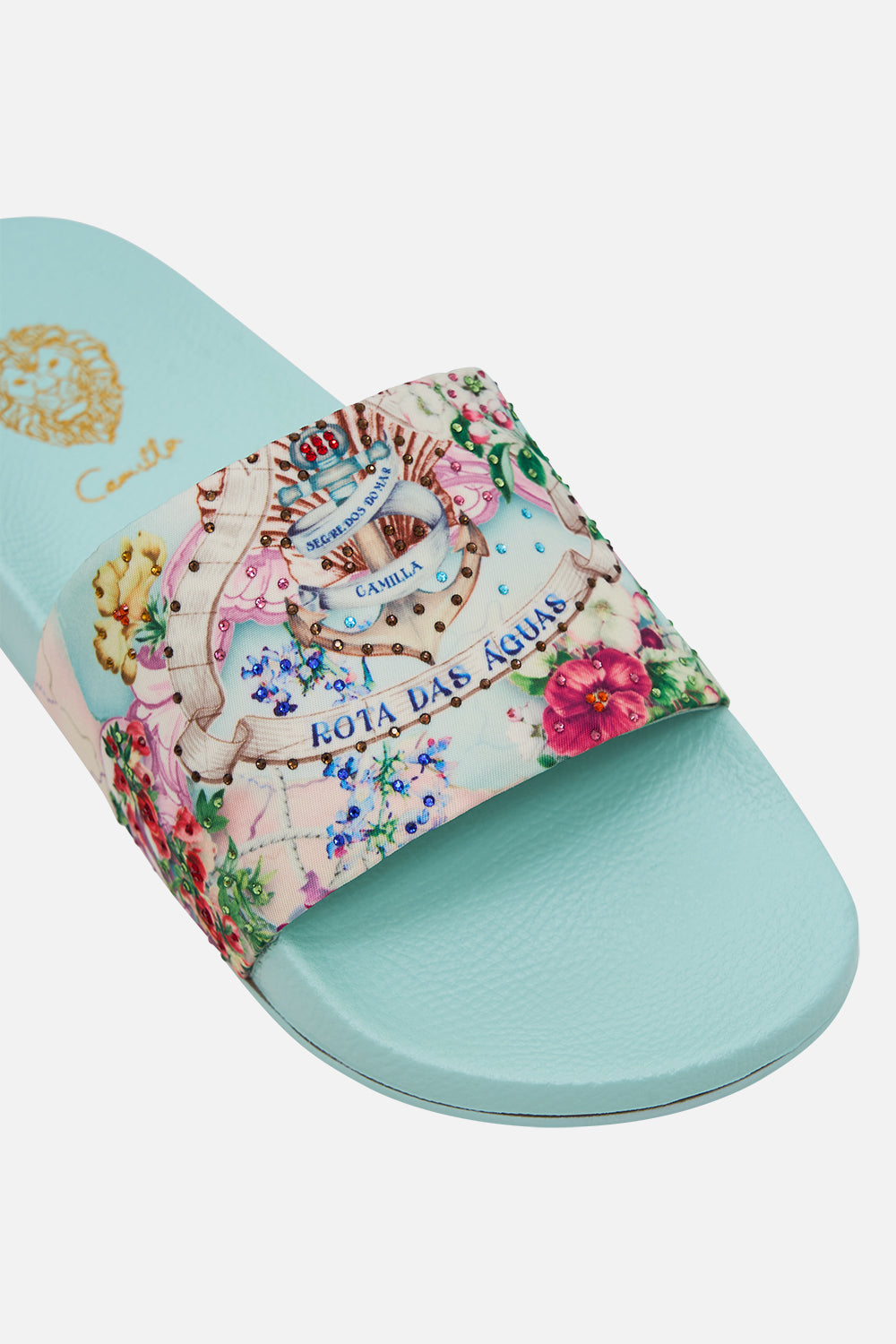 The CAMILLA Amelia Pool Slides in our Just Coasting print.