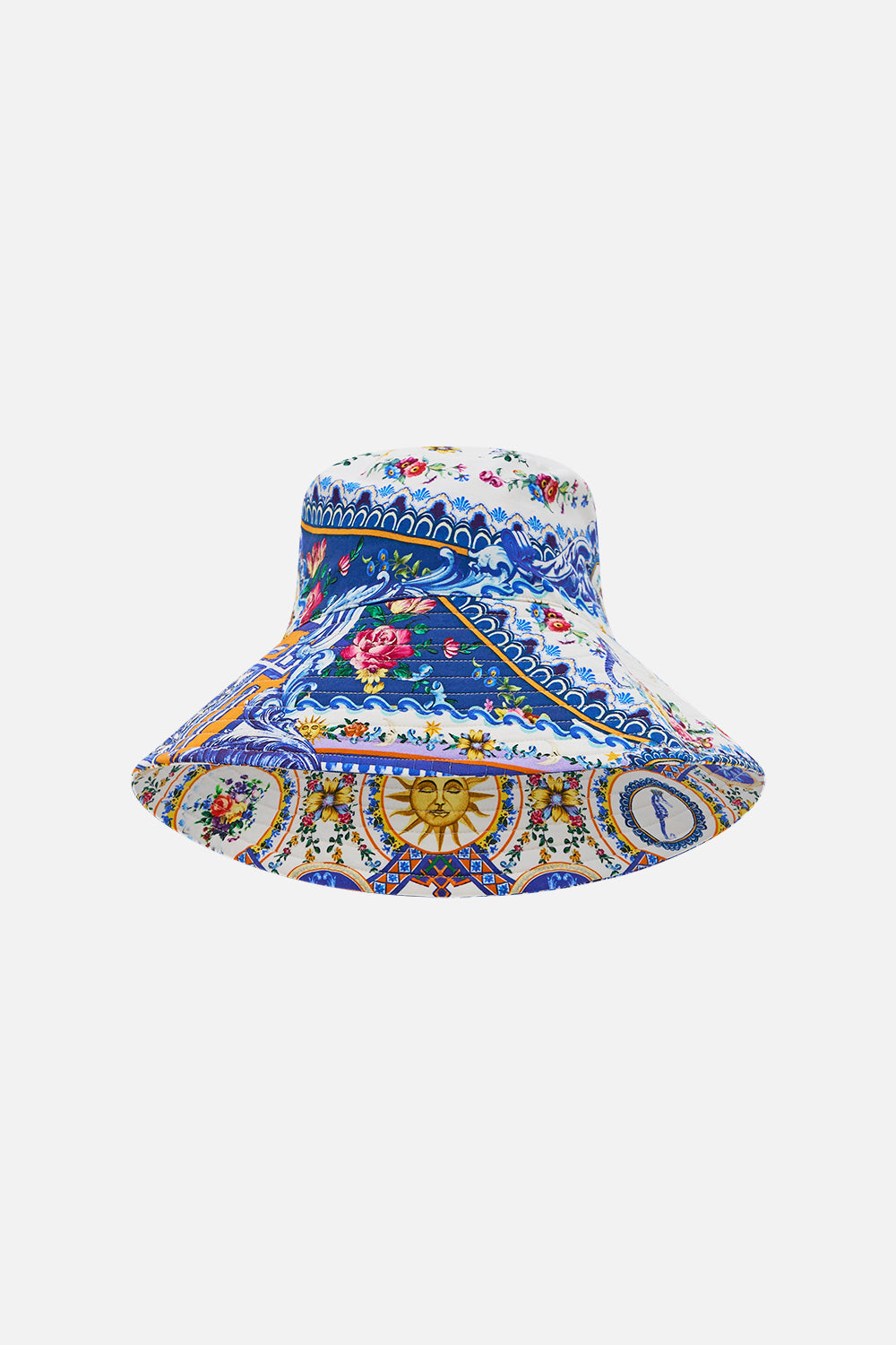 The CAMILLA Wide Brim Bucket Hat in our Tiles Darls print.
