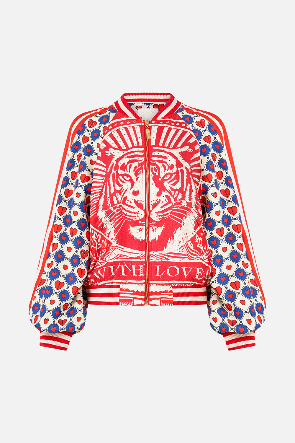 The CAMILLA Panelled Sleeve Blouson Bomber in our Rinse & Roar print.