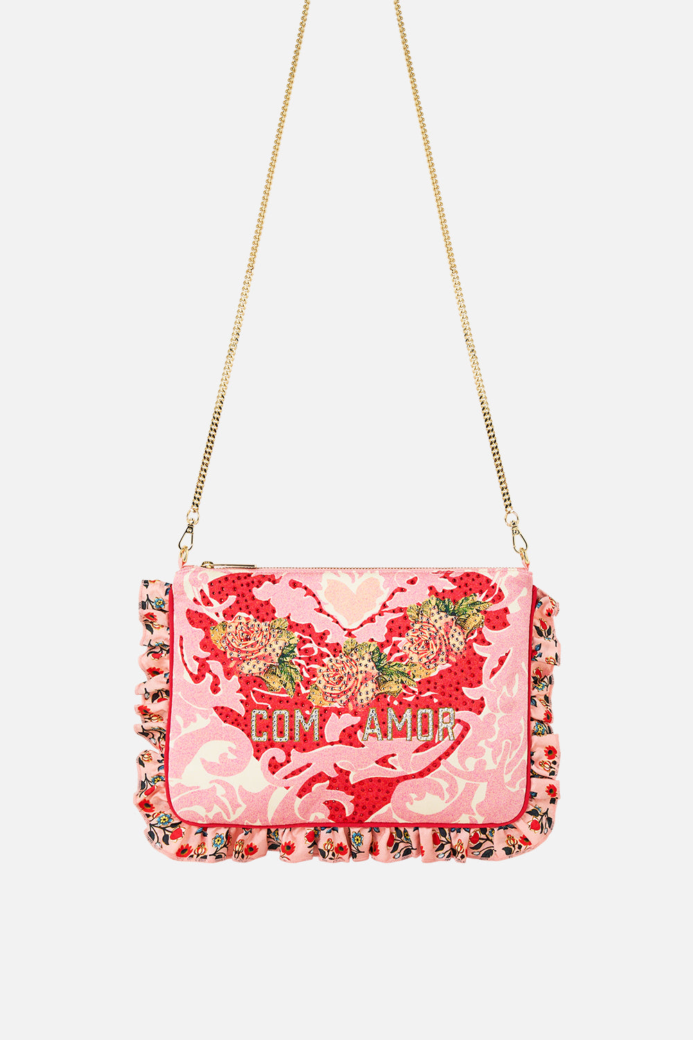 The CAMILLA Frill Edge Crossbody Bag With Chain Strap in our Pink Porto print.