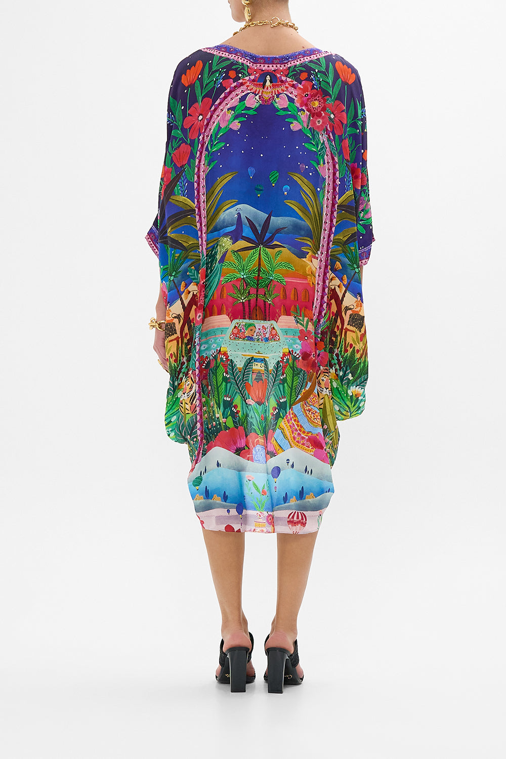 CAMILLA scoop back hem dress in Midnight Muses print