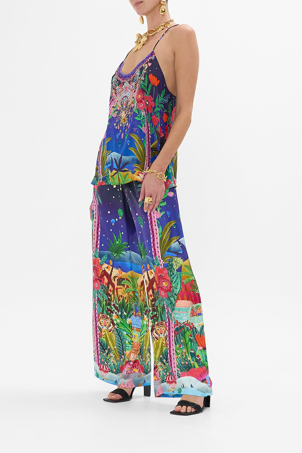 CAMILA T Back Shoestring Top in Midnight Muses print. 