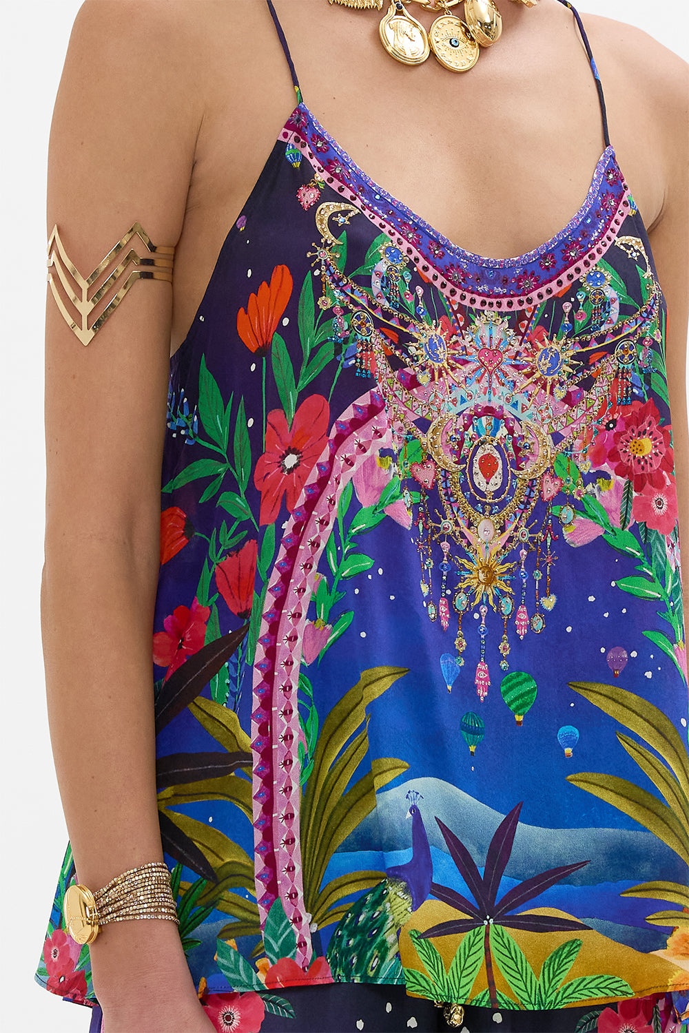 CAMILA T Back Shoestring Top in Midnight Muses print. 