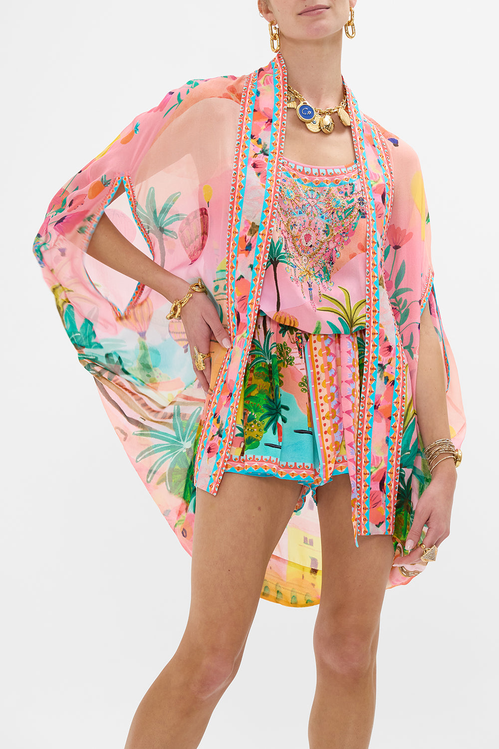 CAMILLA Open Front Cardi Cape in Sister Sunset print