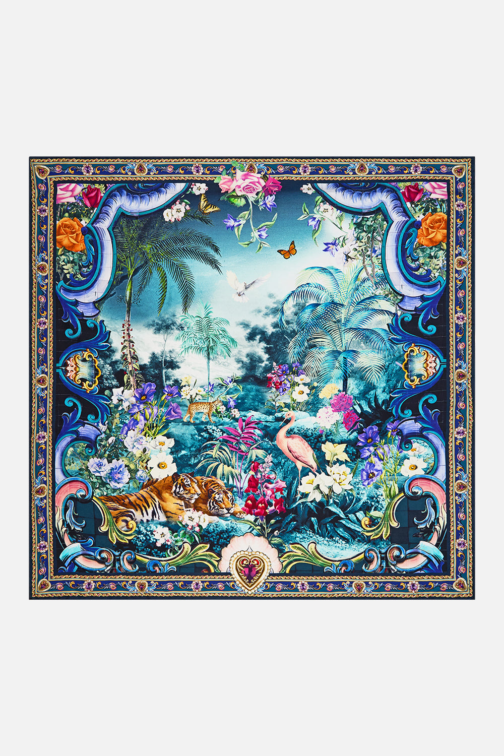 The CAMILLA Large Crystalled Silk Square Scarf in our Basked In Baroque print.