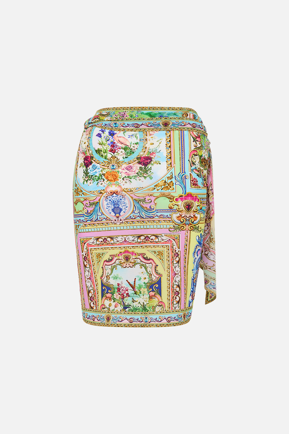 The CAMILLA Eyelet Wrap Mini Skirt With Tie Waist in our Spirit Of Santa Maria print.