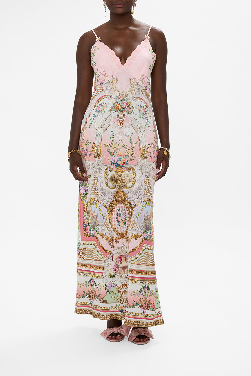 CAMILLA V Neck Full Length Bias Slip Dress in Lisbon Lullaby print
