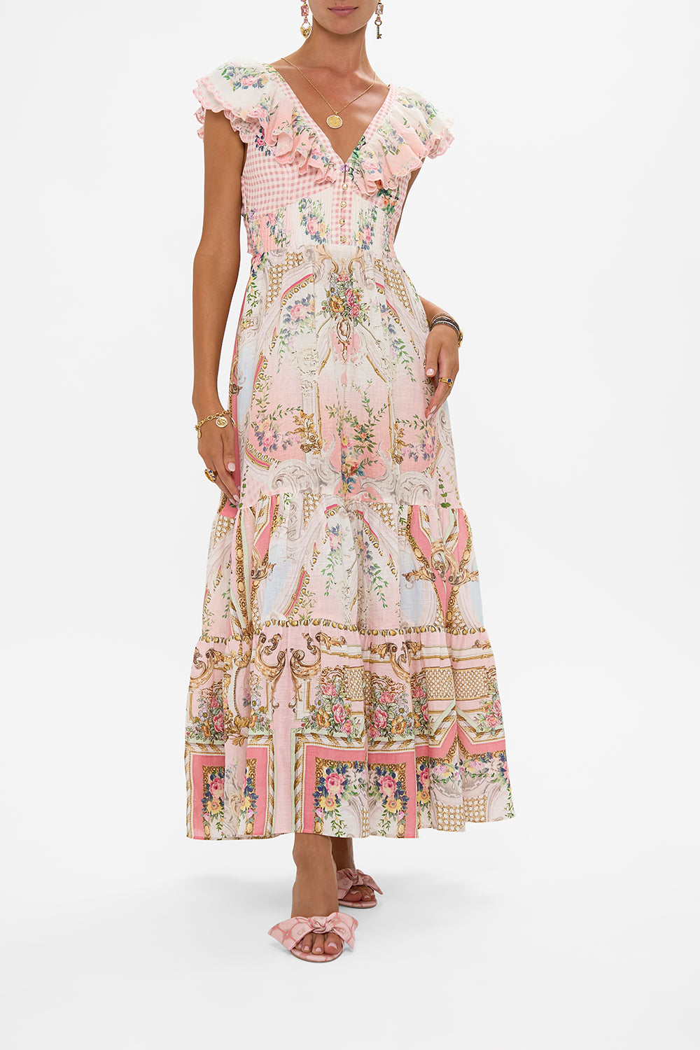 CAMILLA Tiered Dress With Neck Frill in Lisbon Lullaby print