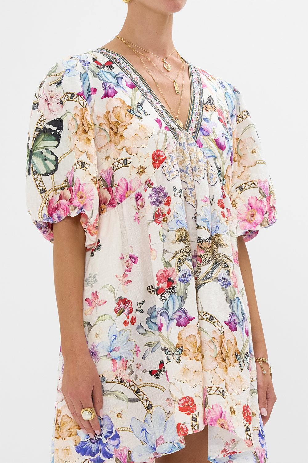 The Monserrate Magic V Neck Puff Sleeve Short Dress