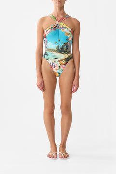 The CAMILLA Diamond Neck Thick Strap One Piece W Rings in our Bathing Bombshell print.