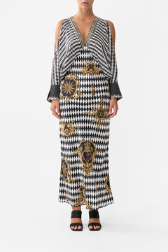 PLUNGE NECK DRAPED SHOULDER DRESS MONARCHY MANIA