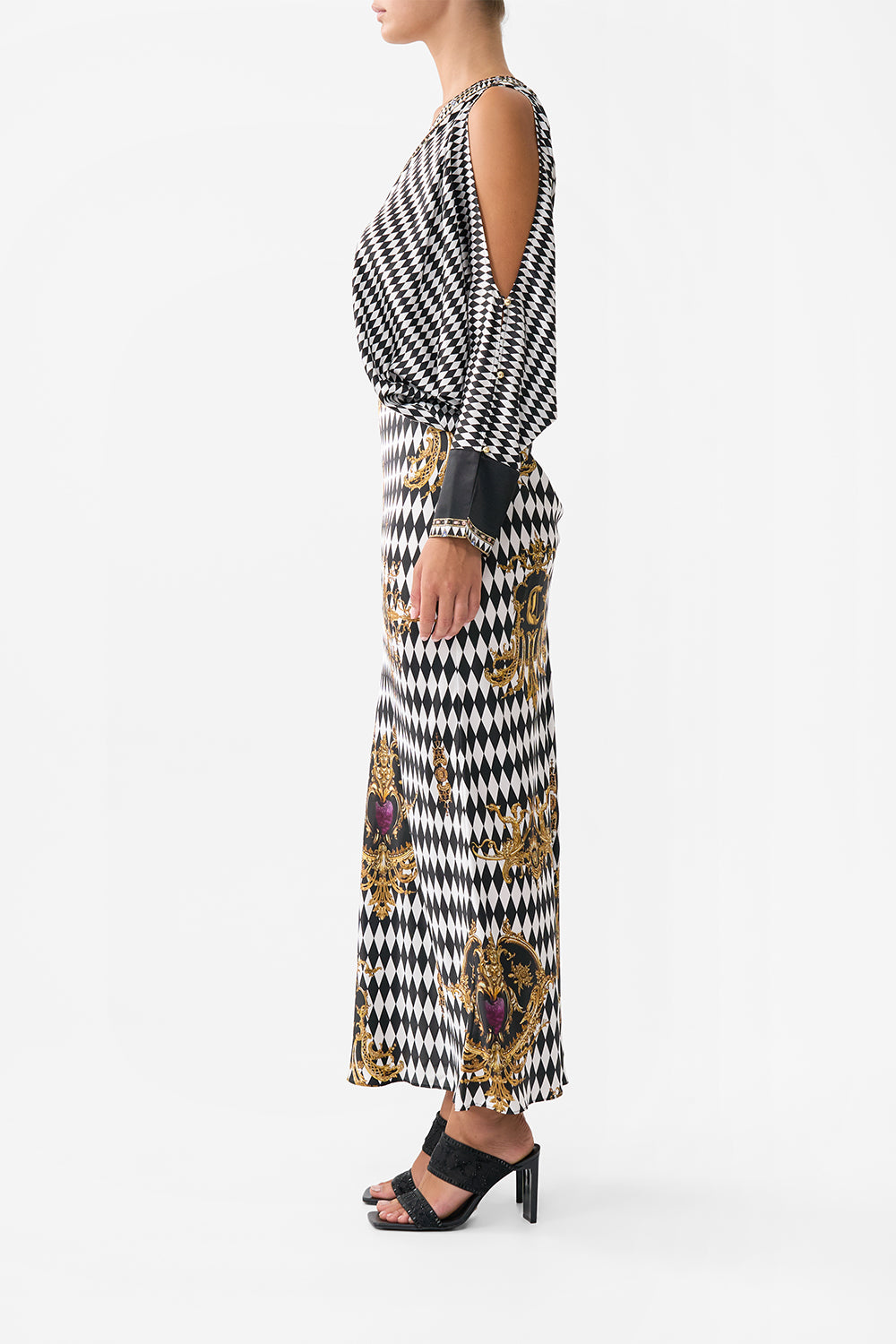 PLUNGE NECK DRAPED SHOULDER DRESS MONARCHY MANIA