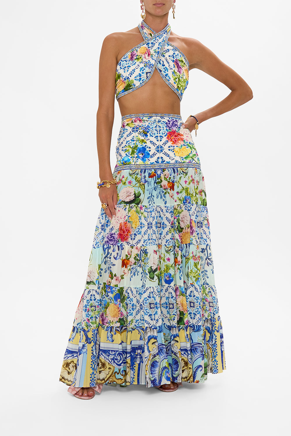 CAMILLA Jersey Spliced Tiered Skirt in Wall To Wall Wonders print