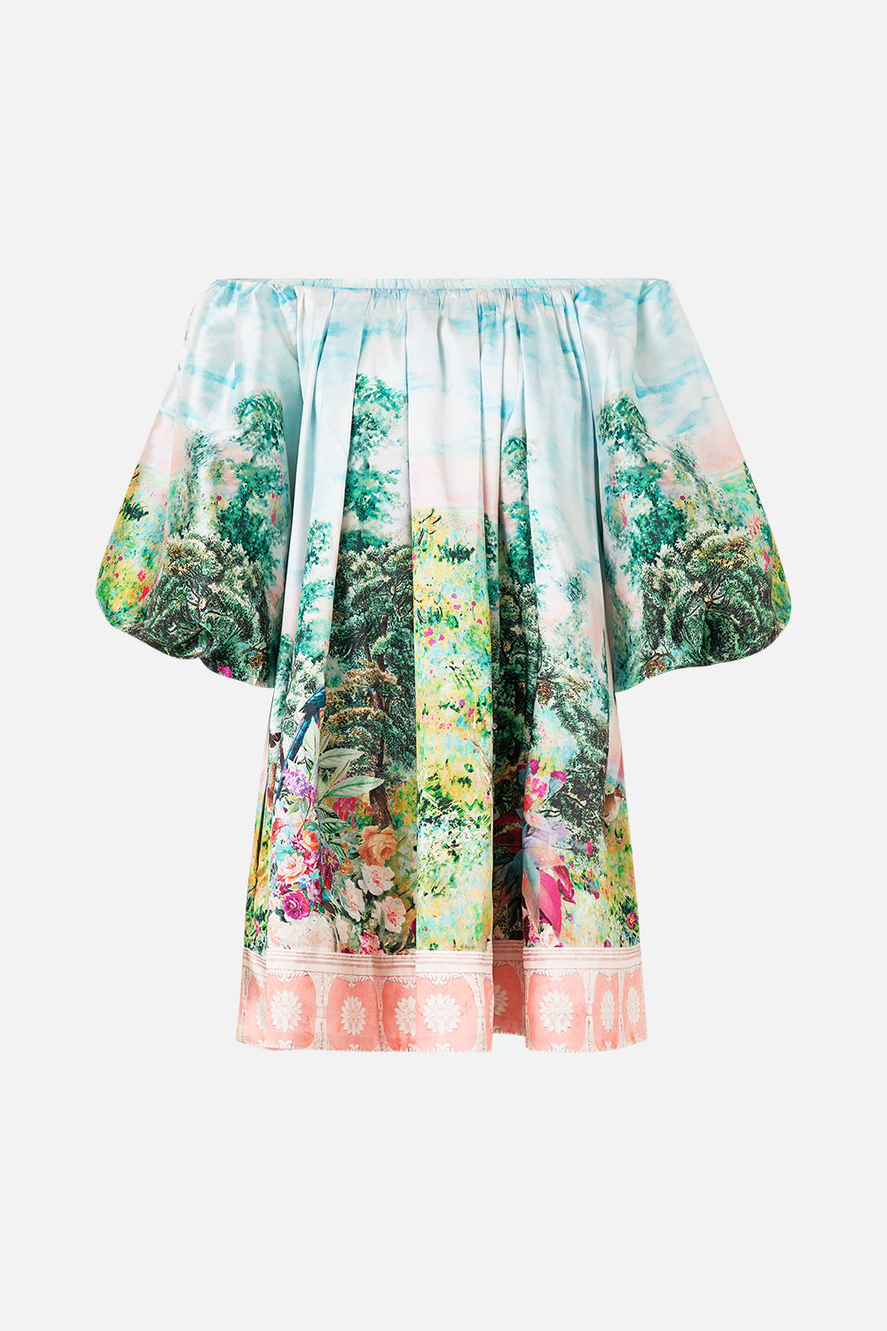 CAMILLA Off Shoulder Puff Dress in Arches Of Amor print