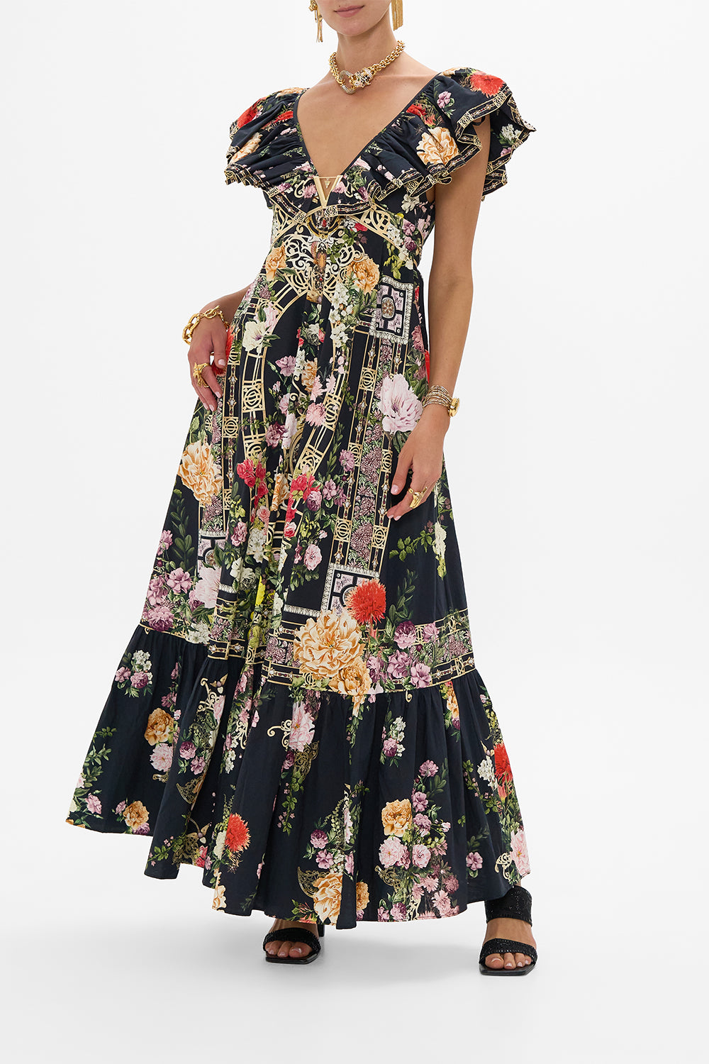 CAMILLA Frill Neck Dress With Hardware in Adorned In Alexandria print