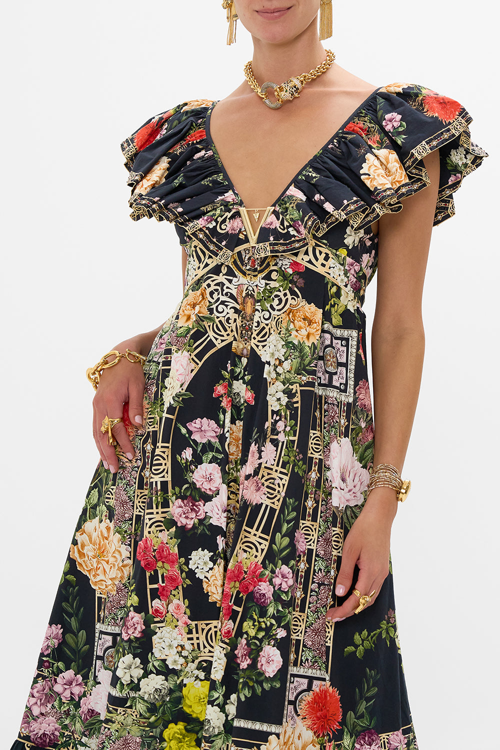 FRILL NECK DRESS WITH HARDWARE ADORNED IN ALEXANDRIA