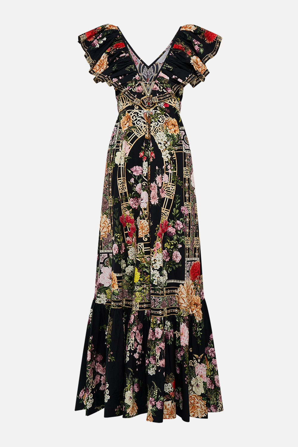 CAMILLA Frill neck dress with hardware in Adorned in Alexandria print.