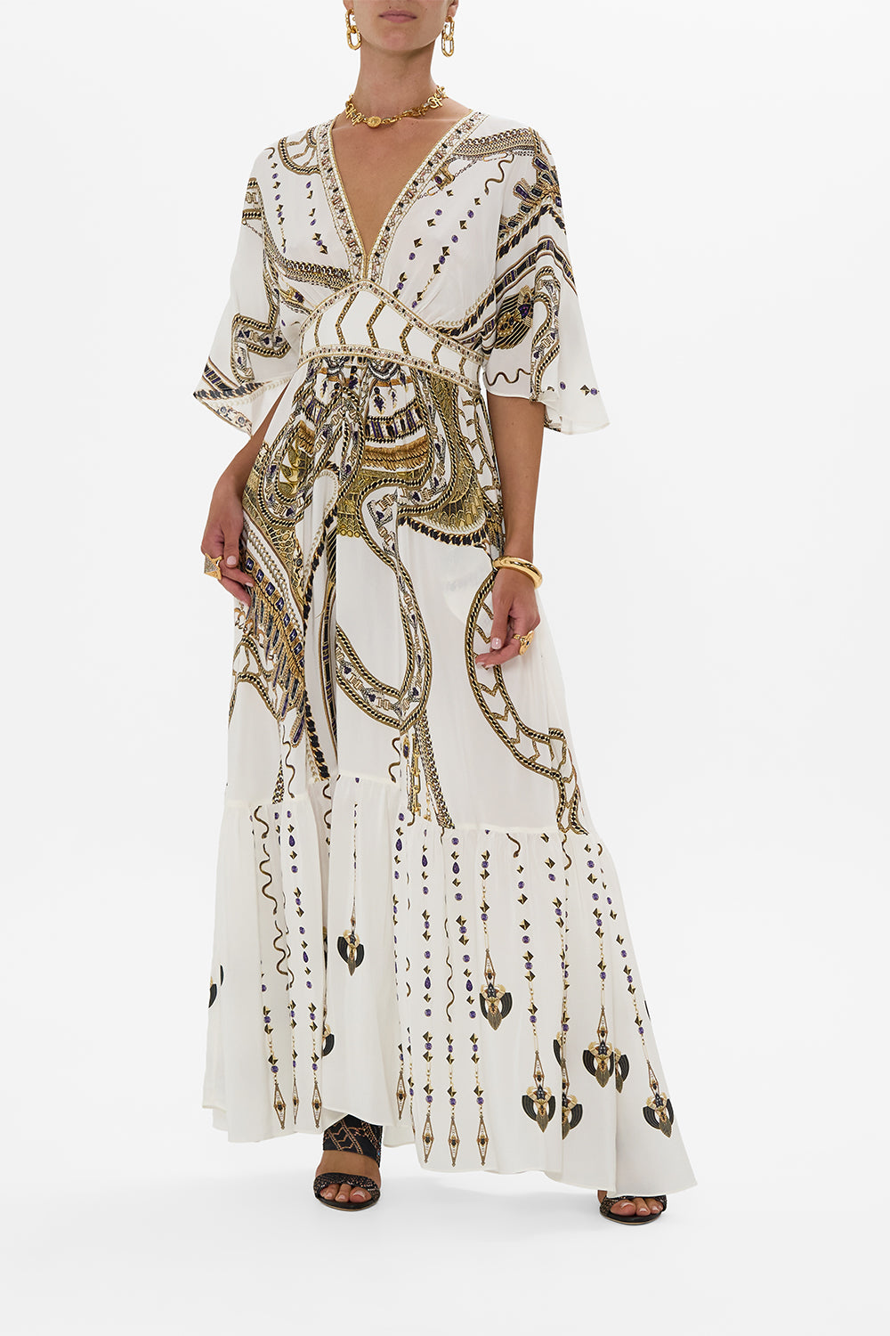 CAMILLA Waisted Dress With Hem Ruffle in Goddess Energy print