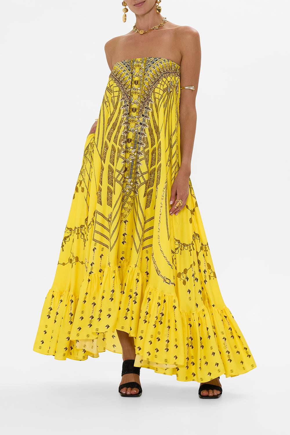 CAMILLA Strapless Maxi With Ruffle Hem in Shrine Of Sunshine print