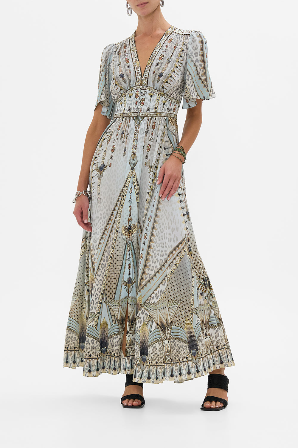 CAMILLA Shaped Waistband Dress With Flutter Sleeves in Sahara Starlet print