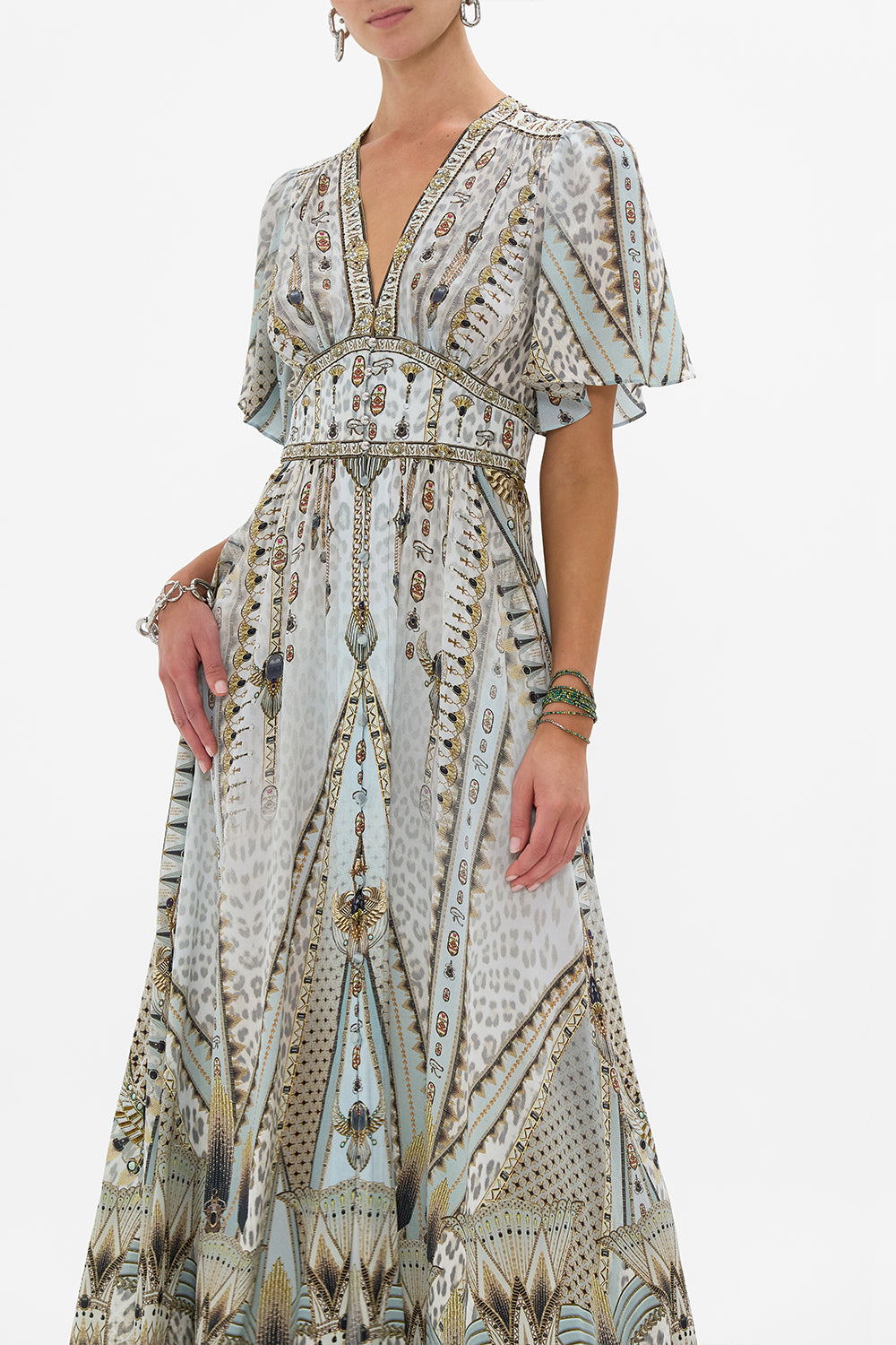 SHAPED WAISTBAND DRESS WITH FLUTTER SLEEVES SAHARA STARLET