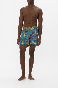 CAMILLA Green/Black Mid Length Swim Short in Defy Gravity Print.