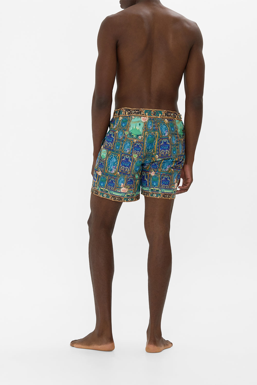 CAMILLA Green/Black Mid Length Swim Short in Defy Gravity Print.