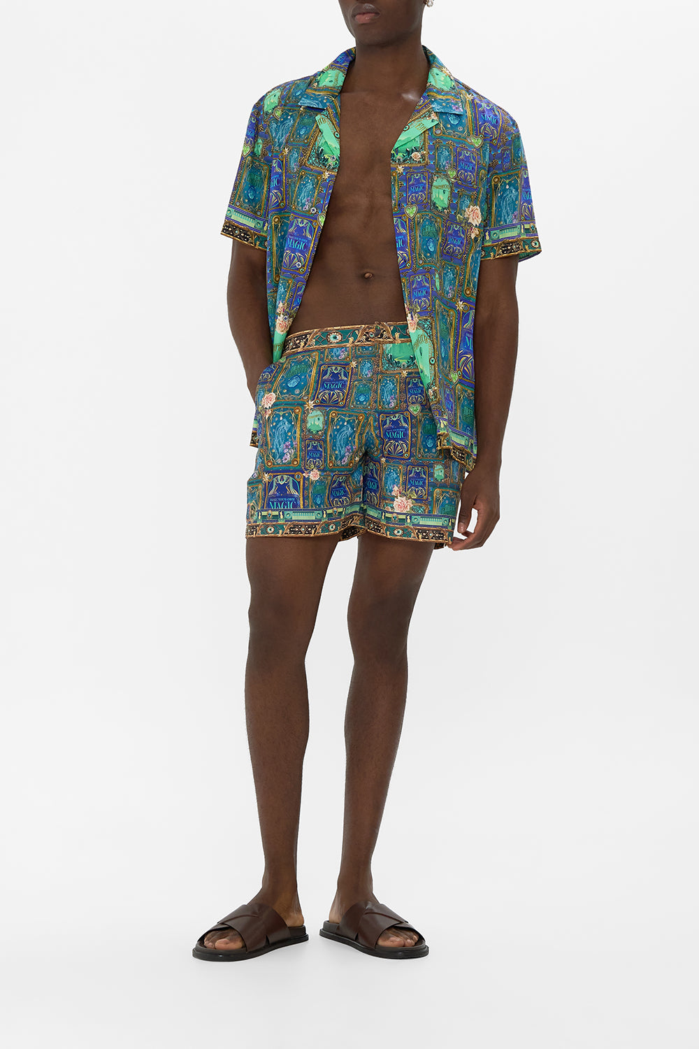 CAMILLA Green/Black Mid Length Swim Short in Defy Gravity Print.