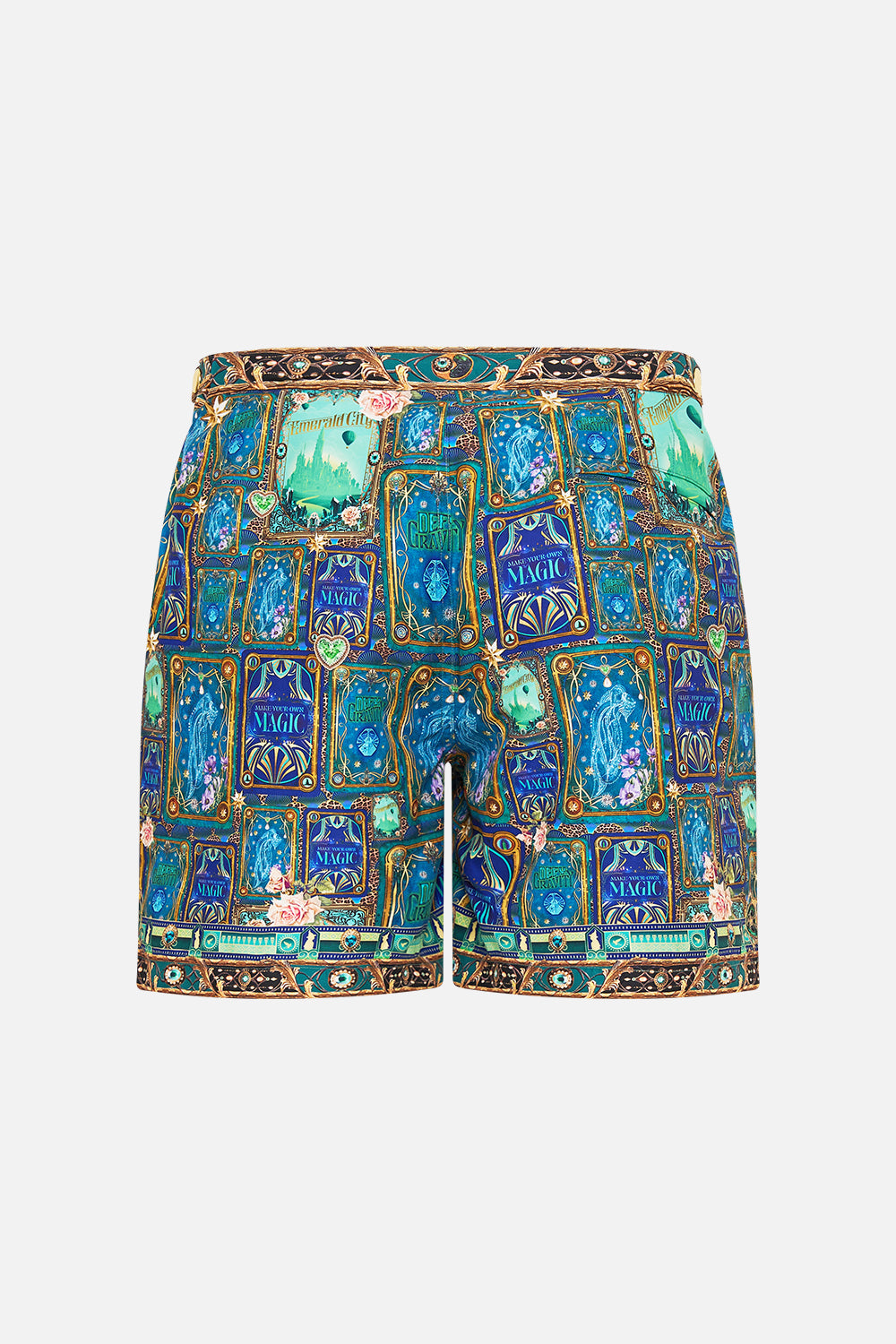 CAMILLA Green/Black Mid Length Swim Short in Defy Gravity Print.