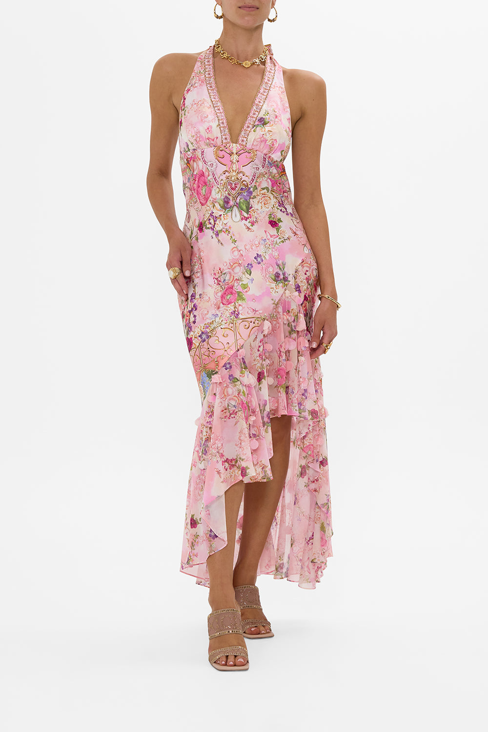CAMILLA Bias Halter Dress with Ruffle Hem in Totally Ozmopolitan Print.