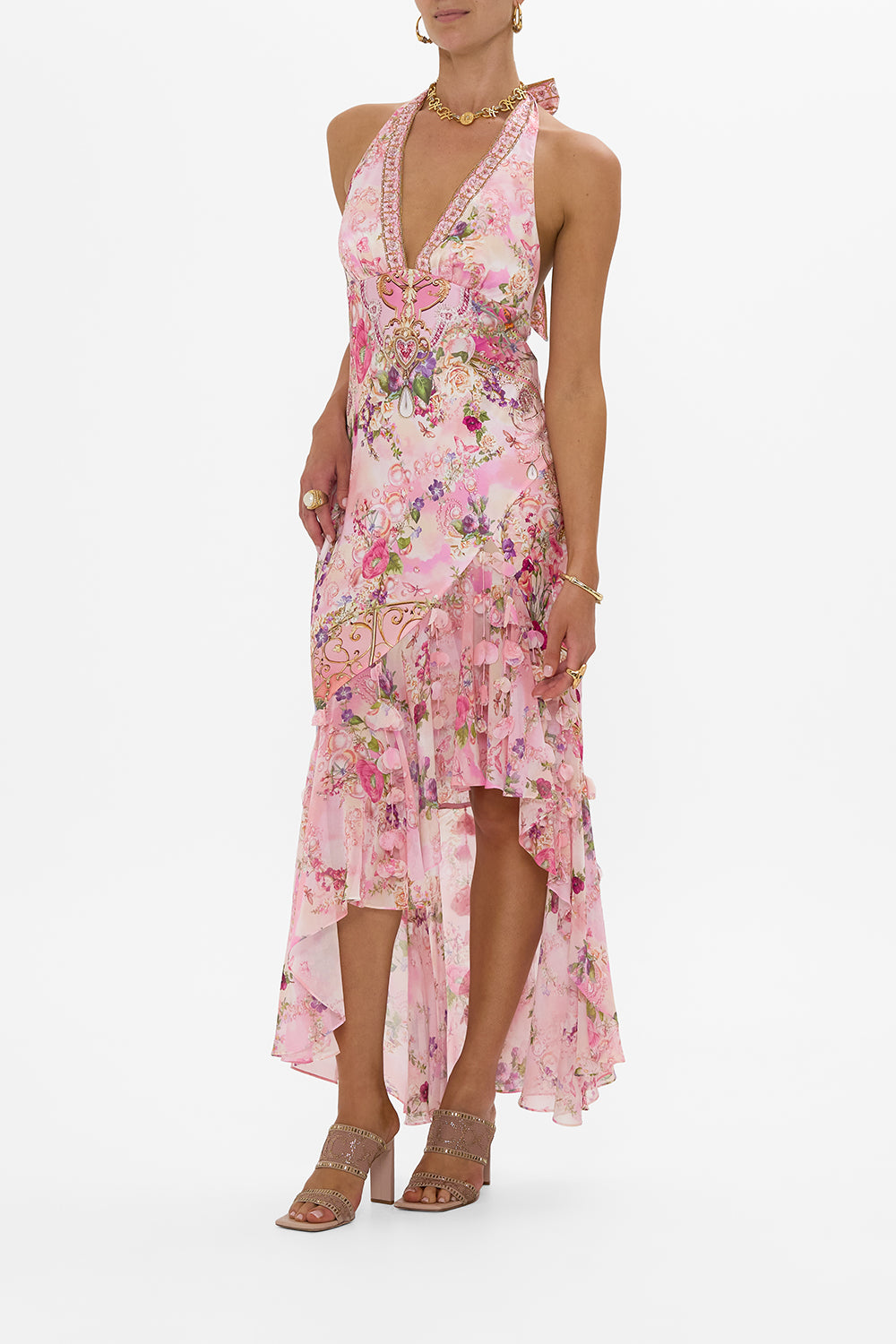 CAMILLA Bias Halter Dress with Ruffle Hem in Totally Ozmopolitan Print.