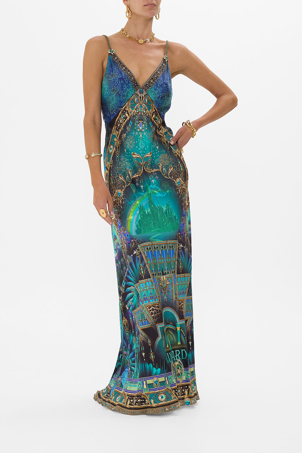 CAMILLA Green/Black V Neck Long Bias Slip Dress With Train in Defy Gravity Print.