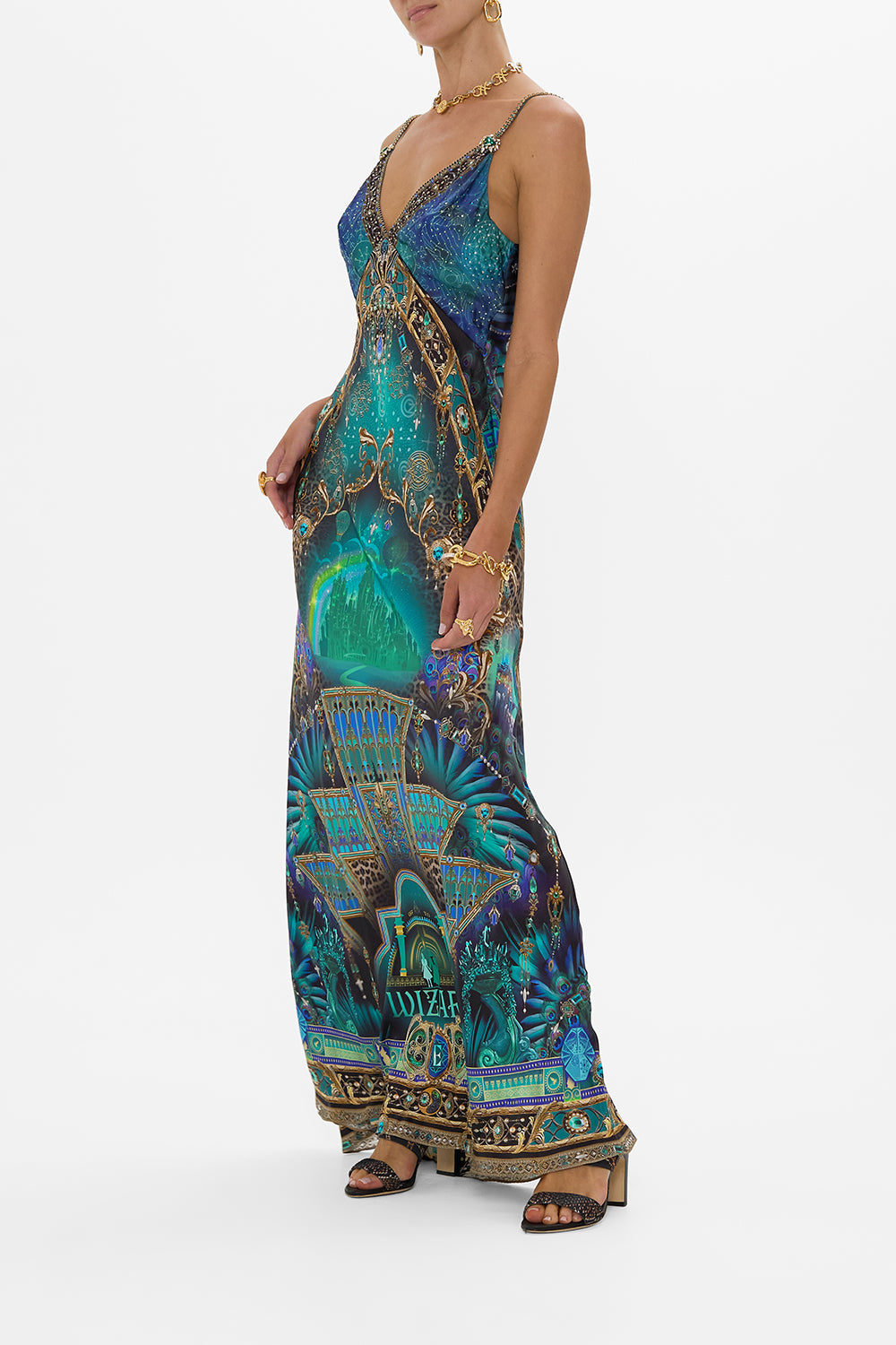 CAMILLA Green/Black V Neck Long Bias Slip Dress With Train in Defy Gravity Print.