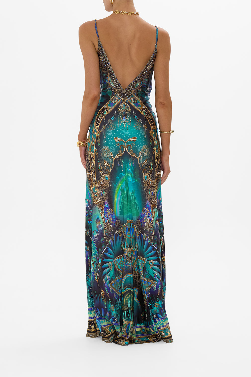 CAMILLA Green/Black V Neck Long Bias Slip Dress With Train in Defy Gravity Print.