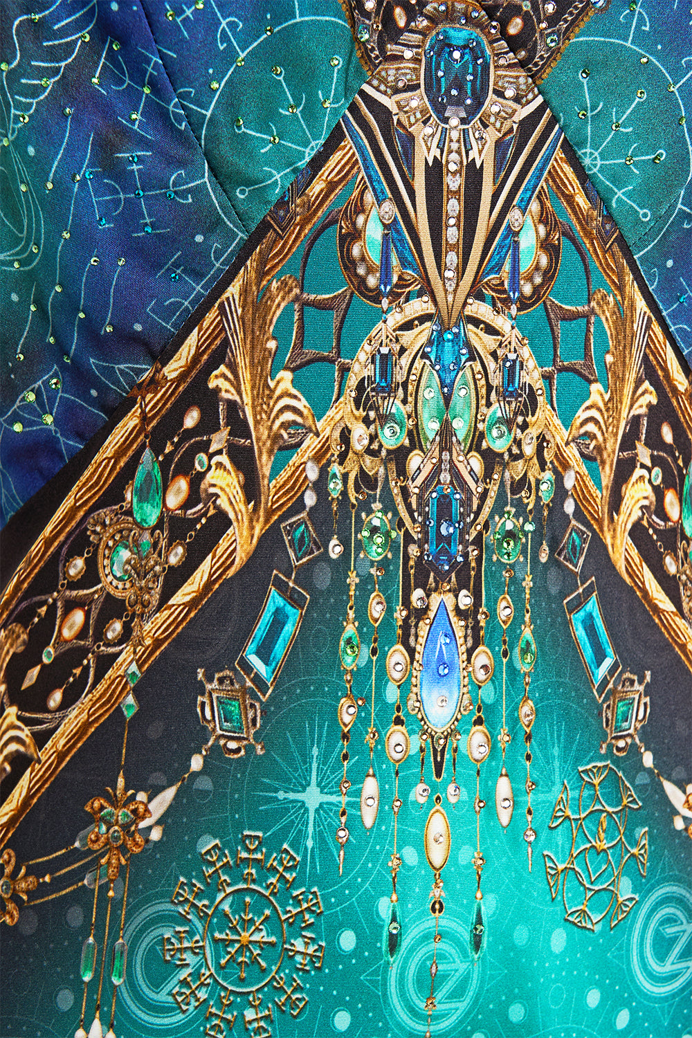 CAMILLA Green/Black V Neck Long Bias Slip Dress With Train in Defy Gravity Print.